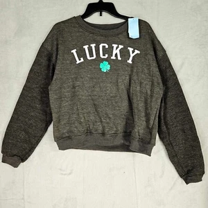 Modern Lucky Shamrock Women Small Sweatshirt Clover Graphic Fleece Dark Gray - Picture 1 of 8