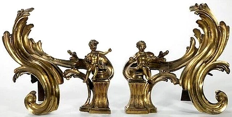 Antique Pair of Bronze Figural Chenet Andirons French Dore Putti, Rococo Scrolls Cover