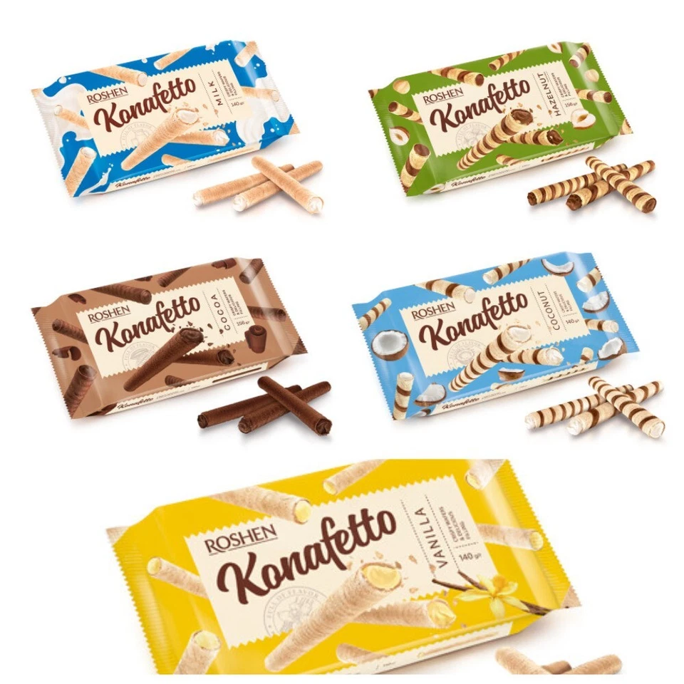 Ukrainian ROSHEN "Konafetto" Crispy Wafers Rolls Milk Coconut Cocoa Hazelnut 5oz - Image 1 of 1