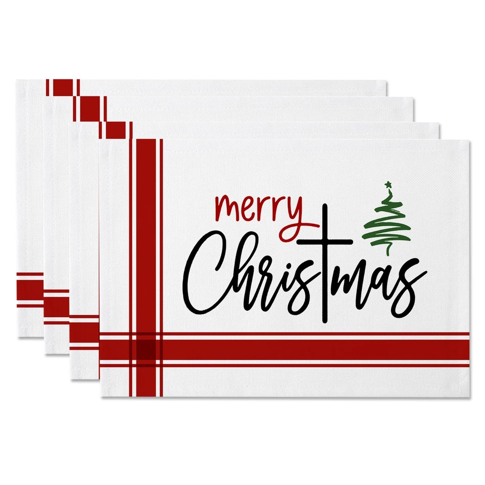 Christmas Red Stripe Placemats Set of 4 Xmas Tree Place Mats for Dining Table... - Image 1 of 4