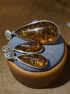 925, Sterling Silber Baltischer Bernstein Statement Anhänger und Ohrstecker Set - Bild 1 von 6