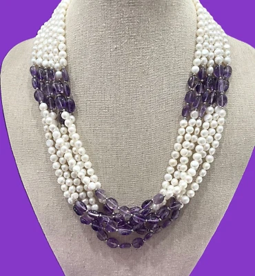 6 ROW AMETHYST & PEARL NECKLACE W/STERLING SILVER BEADS & CLASP - Image 1 of 4