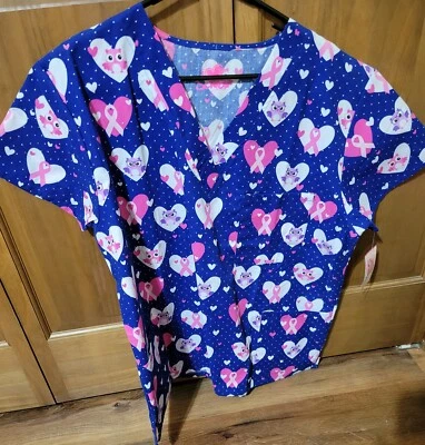 NWT - SZ LARGE PINK RIBBON W/CUTE OWLS PRINT SCRUB TOP - Image 1 of 2