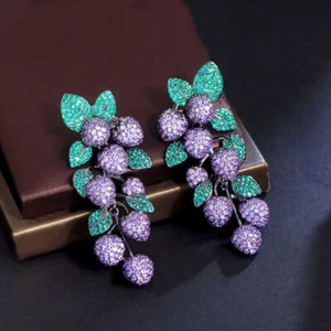 Pave lila Zirkon Traube lange Hänger Tropfen Blatt schwarz vergoldet Ohrringe - Bild 1 von 12