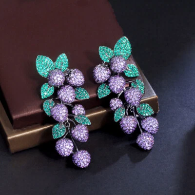 Pave Purple Cubic Zircon Grape Long Dangle Drop Leaf Black Gold Plated Earrings - Image 1 of 4