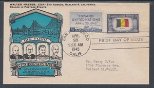 US Planty 928-XX FDC. 1945 UN Conference, FIRST CACHET Walter Mayser - Picture 1 of 1