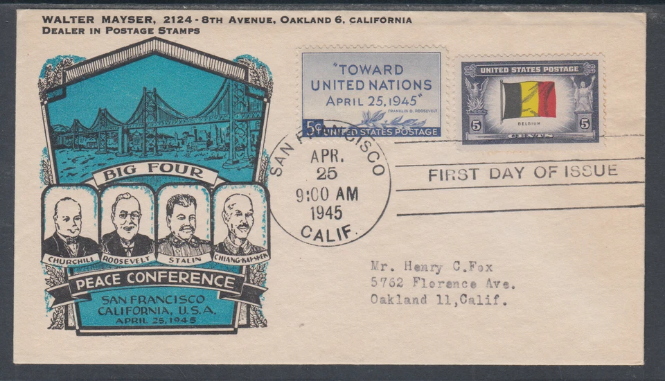 US Planty 928-XX FDC. 1945 UN Conference, FIRST CACHET Walter Mayser - Image 1 of 1