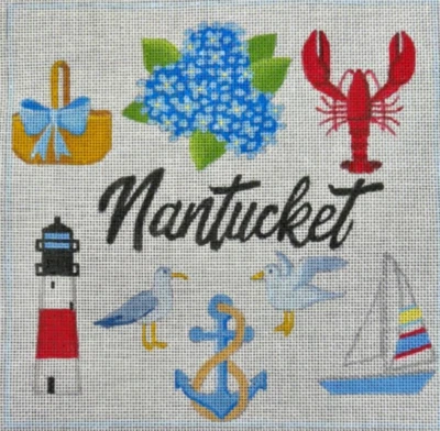 Needlepoint Handpainted Raymond Crawford Nantucket Collage 8x8 - Image 1 of 4