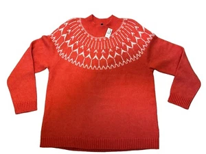 Talbots Fair Isle Sweater Preppy Apres Ski Crewneck Coral Orange Wool Blend PXL - Picture 1 of 19