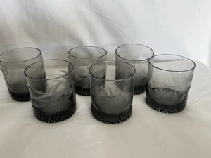 Vtg. Frank Oda Arts Hawaii 6 Smoky Etched Tropical Flower Glasses 3” - Picture 1 of 5