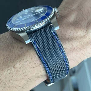 19mm Dark GRAY Sailcloth Canvas/Leather watch band strap BLUE Stitch QR Bars - Picture 1 of 12
