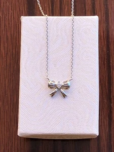 925 Sterling Silver Tiny Cz Silver Bow Pendant Necklace 12mm 15.25-17.25" - Picture 1 of 12