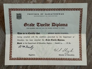 Vintage 1956 Province of Saskatchewan Canada Grade Twelve Diploma (High School) - Bild 1 von 1