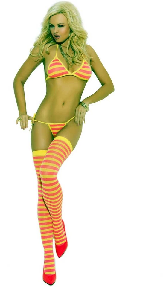 Striped Bra Side Tie Thong Panty & Stockings Matching Set Lingerie Adult Women - Image 1 of 1