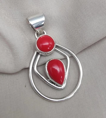 Corallo Ciondolo 925 Argento Sterling Fatto a Mano Rosso Gemma Gioielli Boho - Immagine 1 di 4