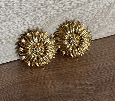 Pendientes Clip Flor Girasol Tono Dorado Estrás Transparente Joan Rivers Firmados De Colección Foto 1 de 4