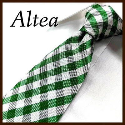 Altea Green White Silk Plaid Tie Used Good Condition Italy - Image 1 of 4