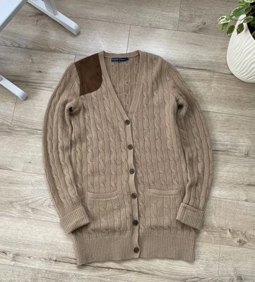 Cárdigan largo Ralph Lauren tejido con cable de lana/cachemira beige para mujer de lujo talla S Foto 1 de 4