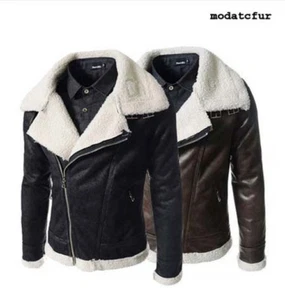 SHEARLING Brown BLACK LEATHER P.U SHEEPSKIN BOMBER AVIATOR JACKET men's size xl - Picture 1 of 3
