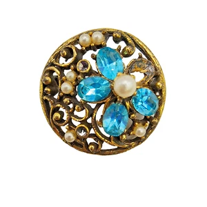 Vintage Brosche rund Blumenmotiv goldfarben Schnörkelarbeit Strass Kunstperlen - Bild 1 von 17