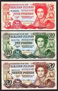 Falkland Islands 3 Notes 5, 10 & 20 Pounds 2005-2011 QEII Pick-17, 18 & 19 UNC - Picture 1 of 4