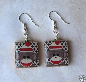 Sockmonkey Earrings Happy Face Altered Art Scrabble Charm Sock Monkey - Picture 1 of 1