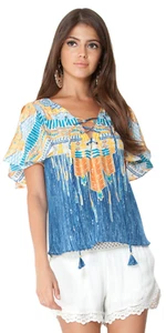 Hale Bob Lace Up Southwest Print Top | Blue S M L NWT 74MR2219 - Picture 1 of 3