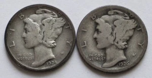 1924-D + 1926-S Mercury Silver Dimes VG/G+, Two 10C coins - Picture 1 of 2