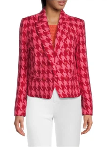 $695 L'AGENCE Brooke Tweed Blazer 4 Pink Bright Houndstooth Double Breasted Crop - Picture 1 of 14