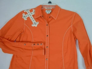 Ariat Fitted Western Snap Down Orange Shirt Womens Size M Embellished Cross - Picture 1 of 9