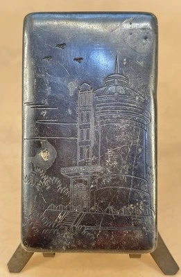 Caja de caramelos de plata Meiji japonesa - construcción y aves Foto 1 de 4