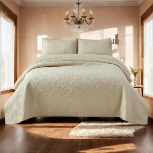 Luxury Beige Quilt Bedding Set King Size Cotton Luxury Elegant Medallion Mate... - Picture 1 of 9