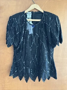 Blusa de Colección Stenay Negra 100% Seda Lentejuelas Cuentas Manga Corta Talla PM - Imagen 1 de 6