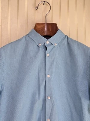 Рубашка мужская коробка для сигар средняя синяя с коротким рукавом воротник на пуговицах клетчатая - Изображение 1 из 4