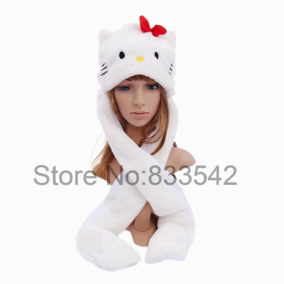 Blanco Gatito Fiesta Halloween Disfraz Aviador Animal Peluche 3 en 1 Sombrero Bufanda Mitón Foto 1 de 1