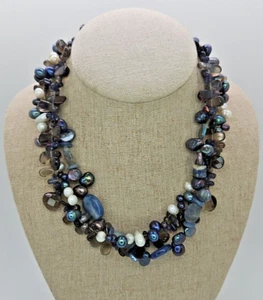 Freshwater Pearl Smoky quartz labordite 3 strand Necklace Sterling Silver Clasp - Picture 1 of 5
