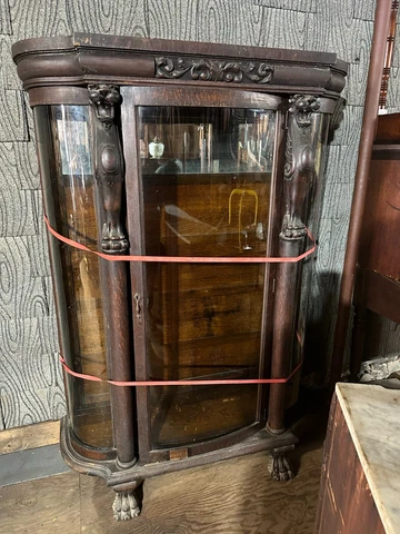 STUNNING TIGER OAK CARVED LIONS BOW FRONT CHINA CABINET PAW FEET HEAVILY CARVED Cover