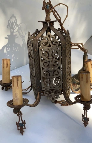 ANTIQUE WROUGHT IRON SPANISH REVIVAL CHANDELIER HANGING LIGHT FIXTURE GOTHIC Cover