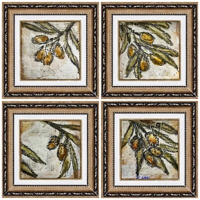 Conjunto de arte original enmarcado pintura olivo 4 piezas aceitunas acuarela arte lote paquete Foto 1 de 4