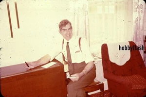 Vintage 35MM Slide Man with suspenders & RED chair posing  70's - Picture 1 of 2