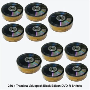 250 x Traxdata ValuePack Black Edition DVD-R Speed 8x Disc 4.7GB Logo Shrinks - Picture 1 of 15