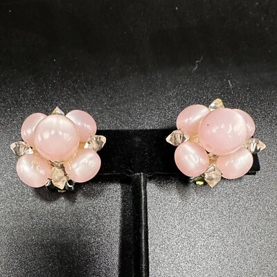Pendientes Vintage Rosa Lunar Clip Sobre Cuentas Años 60 Diseñador Firmado Lisner Foto 1 de 4