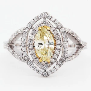 Fancy Yellow Diamond Double Halo Marquise Cocktail Ring 1.02 Tcw 18K White Gold - Picture 1 of 4