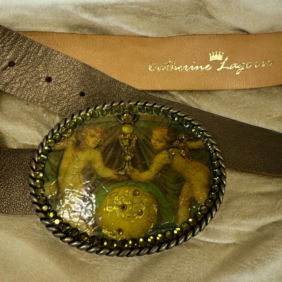 Women’s Inlaid Angels Rhinestone Gold PLeather Gold Buckle Med 30-34” Adjusts - Image 1 of 4