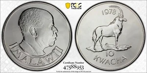 1978  10 KWACHA MALAWI (SILVER) ANTELOPE   PCGS MS68 #47588953  TOP POP!  1 OF 2 - Picture 1 of 5