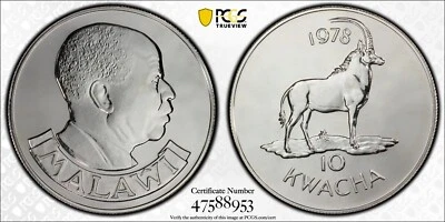 1978  10 KWACHA MALAWI (SILVER) ANTELOPE   PCGS MS68 #47588953  TOP POP!  1 OF 2 - Image 1 of 4