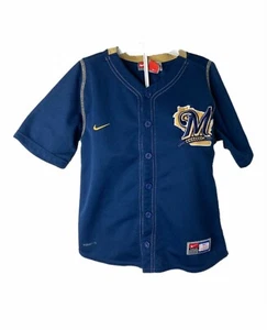 Milwaukee Brewers Boy’s Size 7 Jersey Shirt Nike Blue Fit-Dry MLB Prince Fielder - Picture 1 of 4