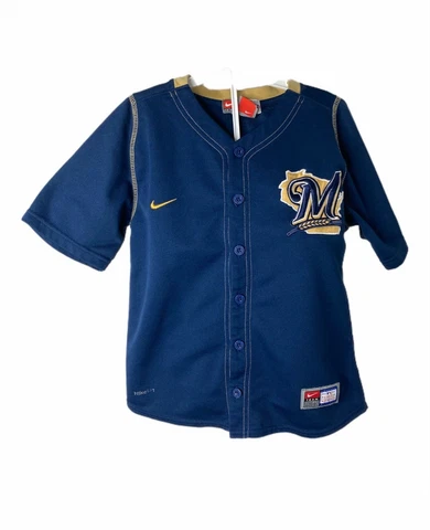 Nike Fitdry MLB Milwaukee Brewers Boy's Jersey Shirt Blue Prince Fielder Size 7 Cover