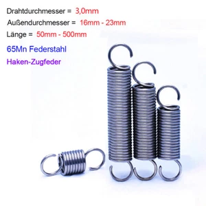 Zugfeder mit Haken,Zugfedern Feder 65Mn Federstahl,d=3,0 mm,Ø 16-23mm,L=50-300mm - Picture 1 of 6