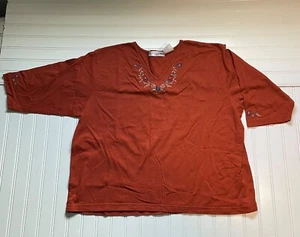 Victoria Jones Women’s V Neck ¾ Sleeve Burnt Orange Embroidered Floral Size 2X - Picture 1 of 6